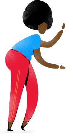 Woman in blue shirt and red pants dancing