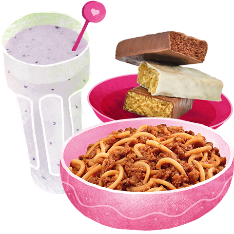 1:1 diet food: blueberry shake, dessert bars and spaghetti